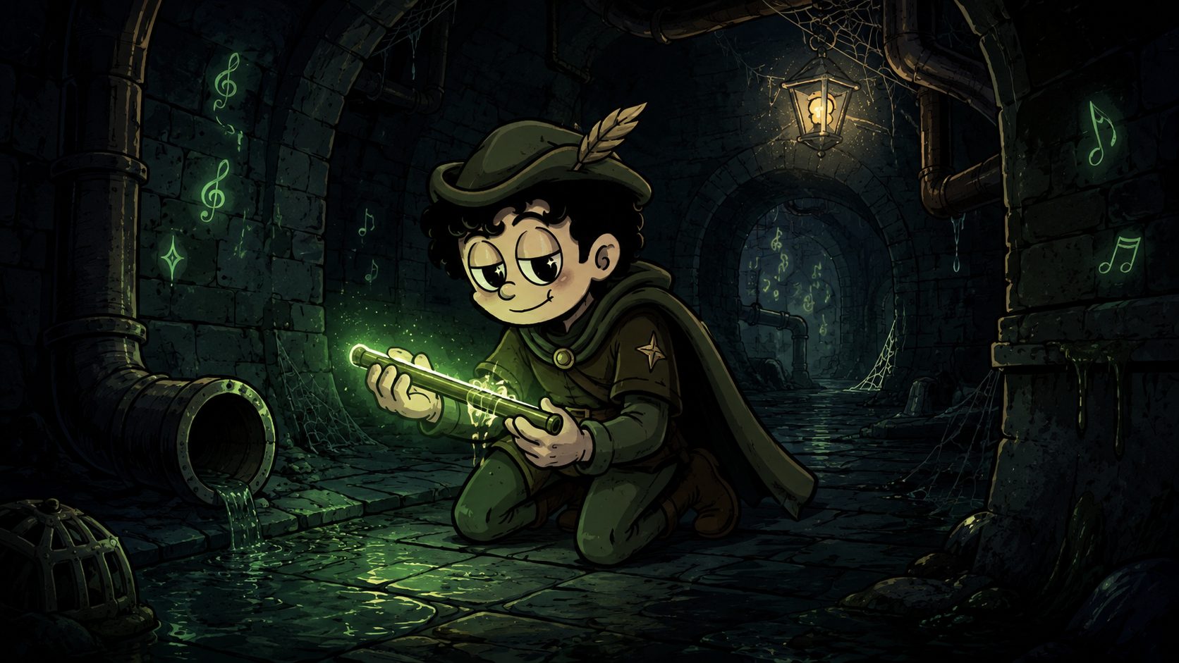 The Piper leads the green procession of rats